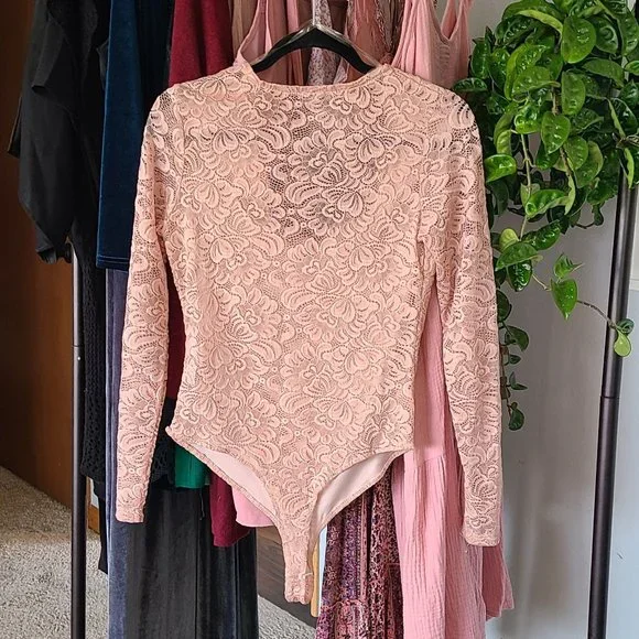 Iris Lace Long Sleeve Bodysuit - Pink/Blush | Size L - Picture 3 of 4
